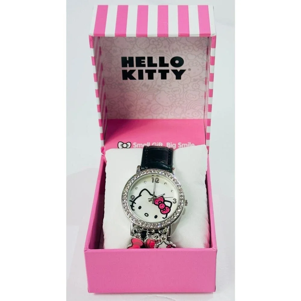 HELLO KITTY Watch Charms Silver Crystal‎ Bezel Kitty Black Leather Strap Y2K